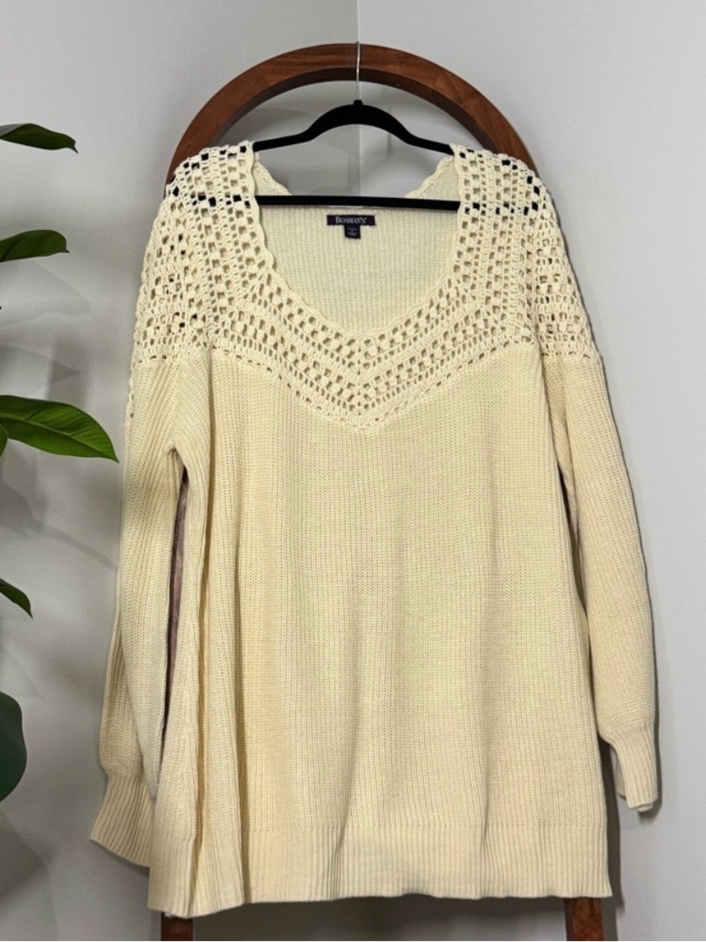 Roaman's 1X 22/24 Cream Crochet Knit Sweater